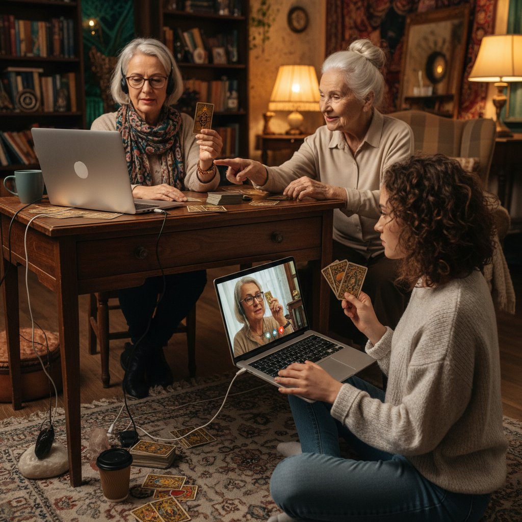 Foto: Verschiedene Menschen am Laptop, Tarotkarten, Generationenmix, Online Kartenlegen