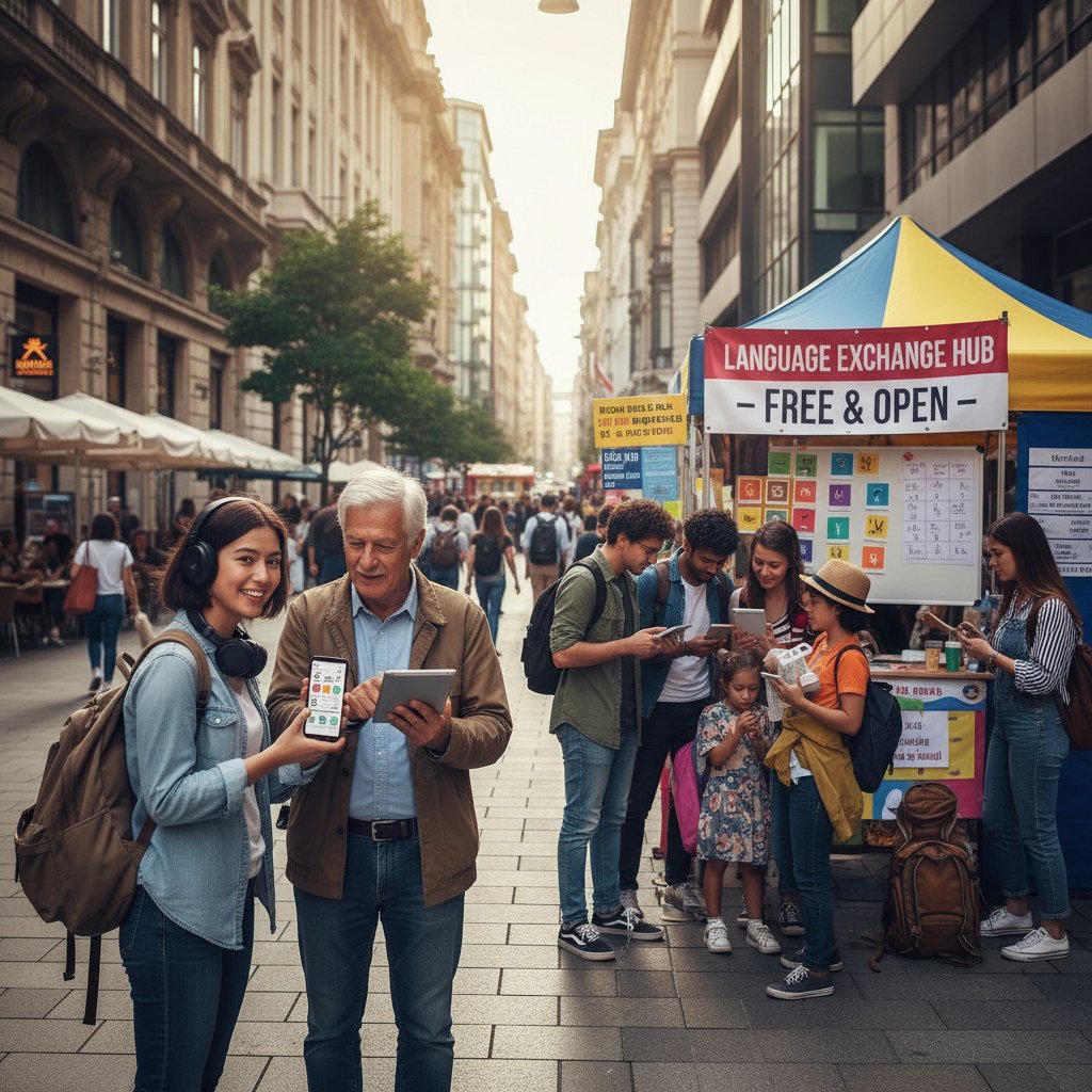 Verschiedene Menschen lernen Sprachen auf der Straße und zuhause, Keywords: Demokratisierung Lernen, Alternative zu Sprachkursen, gesellschaftlicher Wandel
