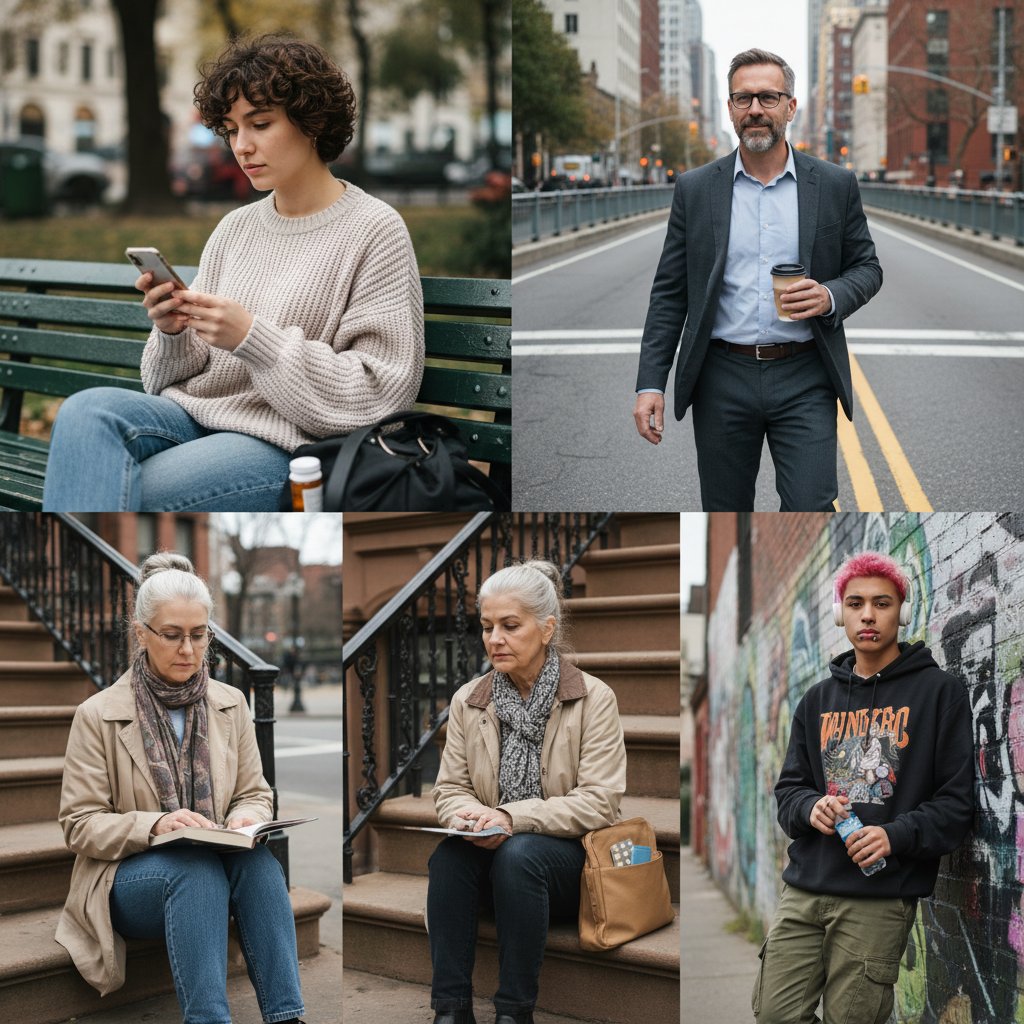 Zdjęcie różnych osób w różnym wieku w przestrzeni miejskiej – symbolizujące przekrój pacjentów korzystających z escitalopramu