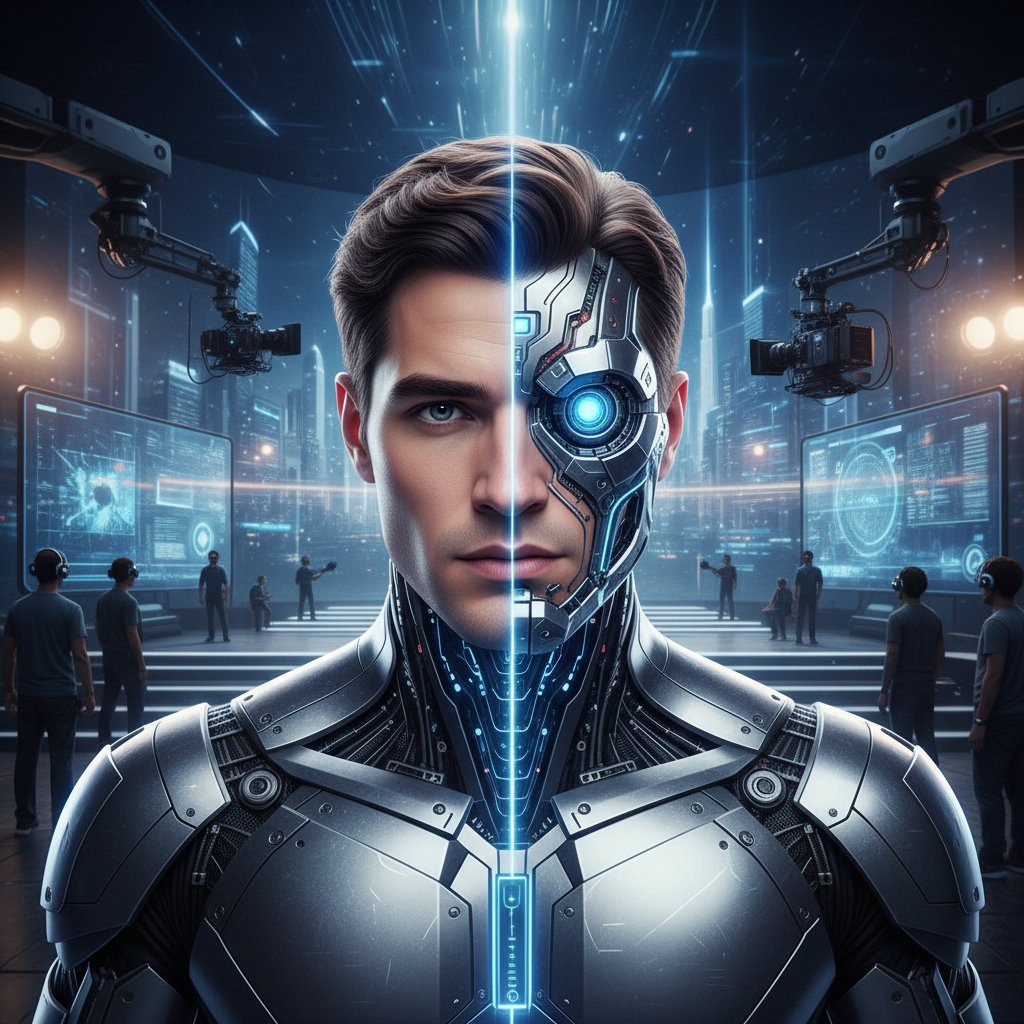 Cyfrowy aktor AI na planie filmowym, twarz połówkowo prawdziwa, połówkowo wygenerowana