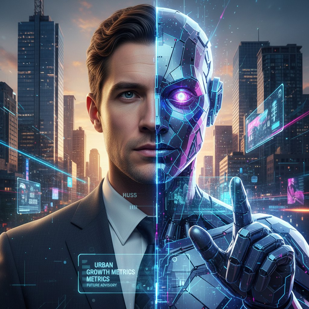 Portret cyfrowego doradcy na tle miasta, pół-człowiek, pół-avatar, z wyraźnymi cechami osobowości