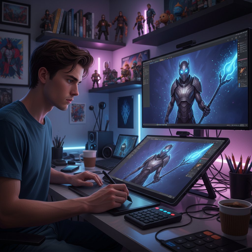 Artysta cyfrowy tworzy unikalny avatar jako dzieło sztuki na tablecie graficznym