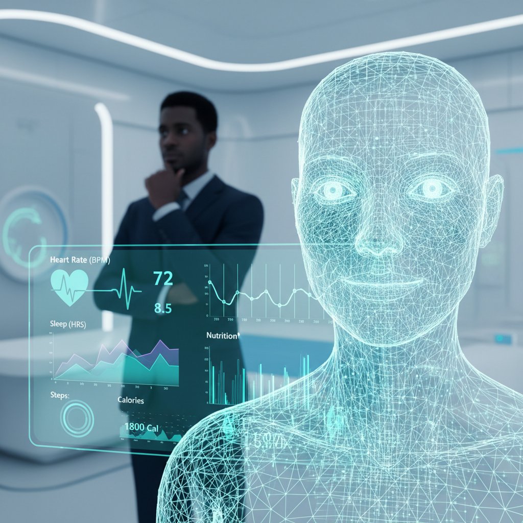 Wirtualny asystent medyczny analizujący dane zdrowotne, cyfrowy interfejs, profesjonalny klimat