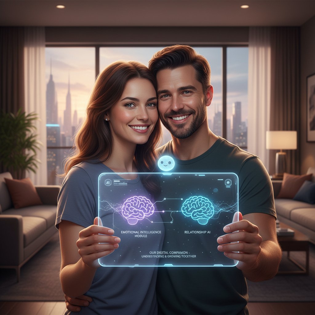 Using an AI relationship coach for emotional intelligence, digital assistant interface, couple’s selfie