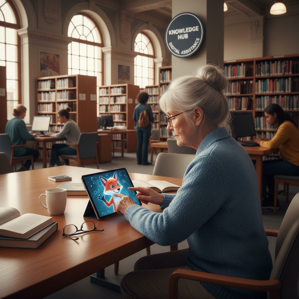 Zdjęcie cyfrowego asystenta pomagającego starszej osobie w bibliotece – AI w służbie publicznej