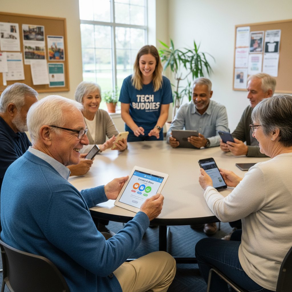 Digital-Lotsin zeigt älterem Mann in Gemeinschaftsraum, wie er eine Smartphone-App nutzt