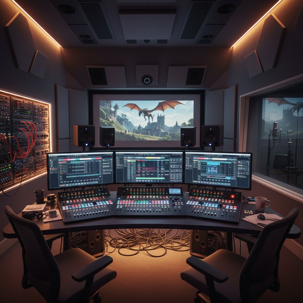 Digital and analog tools in a modern film music studio, DAW interface, screens full of waveforms, retro synths and modern tech, movie score recording.