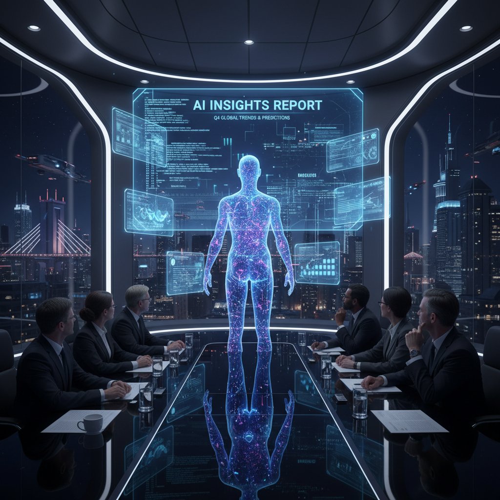 Cyfrowy avatar AI prezentujący raport zarządowi firmy na ekranie