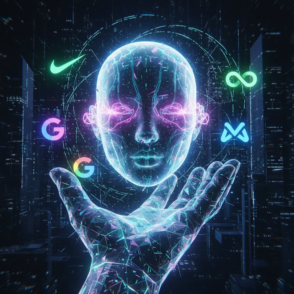 Cyfrowy avatar AI w otoczeniu neonowych logotypów znanych marek, symbolizujący personalizowane chatboty pod markę