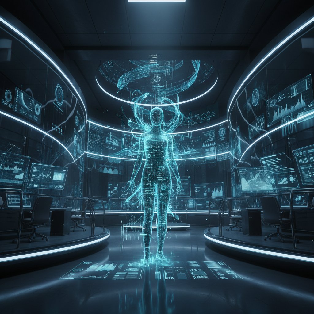 Wirtualny przedstawiciel marki w nowoczesnym biurze, otoczony cyfrowymi danymi