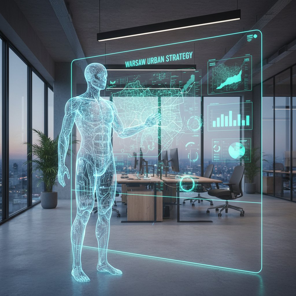 Nowoczesny menadżer projektów – cyfrowy avatar na tle biura w Warszawie, symbolizujący rewolucję AI