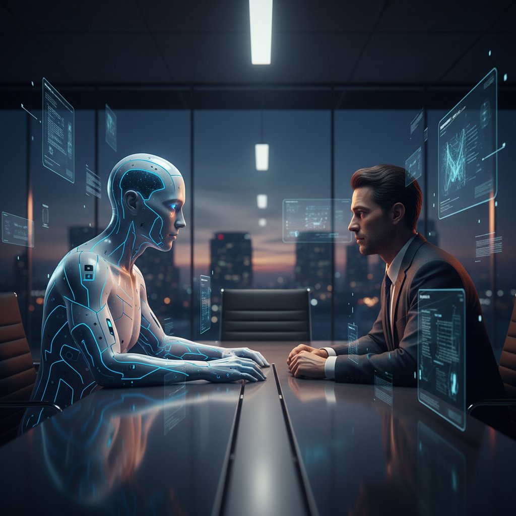 Wirtualny ankieter podczas cyfrowego wywiadu w nowoczesnym biurze, atmosfera tajemniczości, wyraźny kontakt wzrokowy