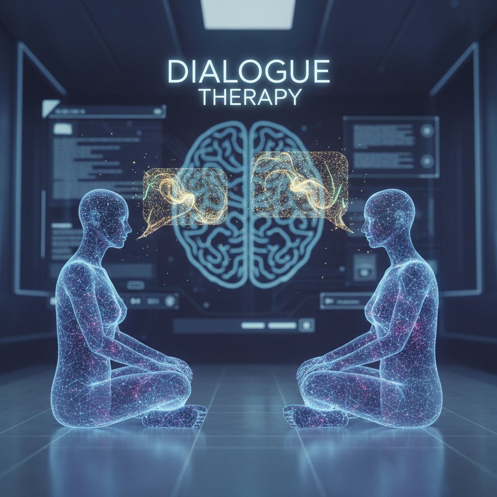 Awatar AI rozmawiający z człowiekiem, symboliczna scena terapii, pokazująca różnicę między relacją a algorytmem.