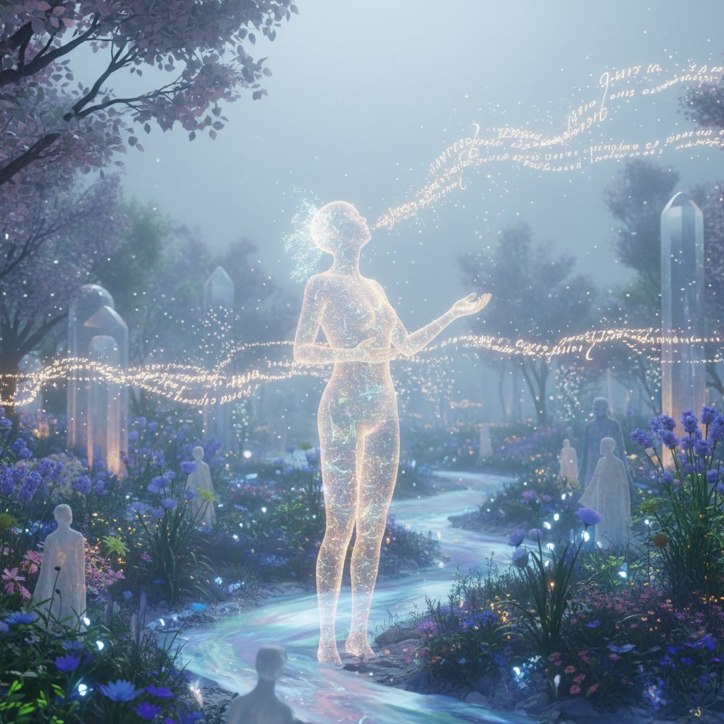 Digital avatar reciting poetry in a surreal virtual memorial garden, ethereal but grounded mood