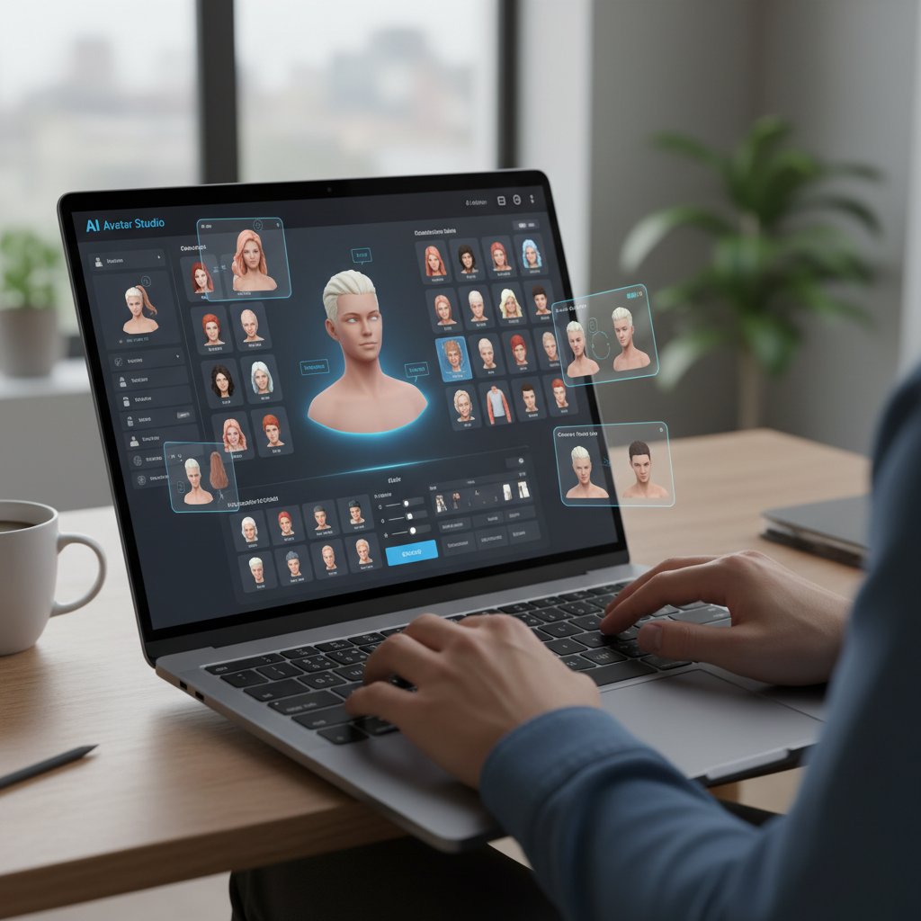 Osoba korzystająca z intuicyjnego kreatora cyfrowych avatarów AI na laptopie, słowa kluczowe: digital avatar creator AI user interface
