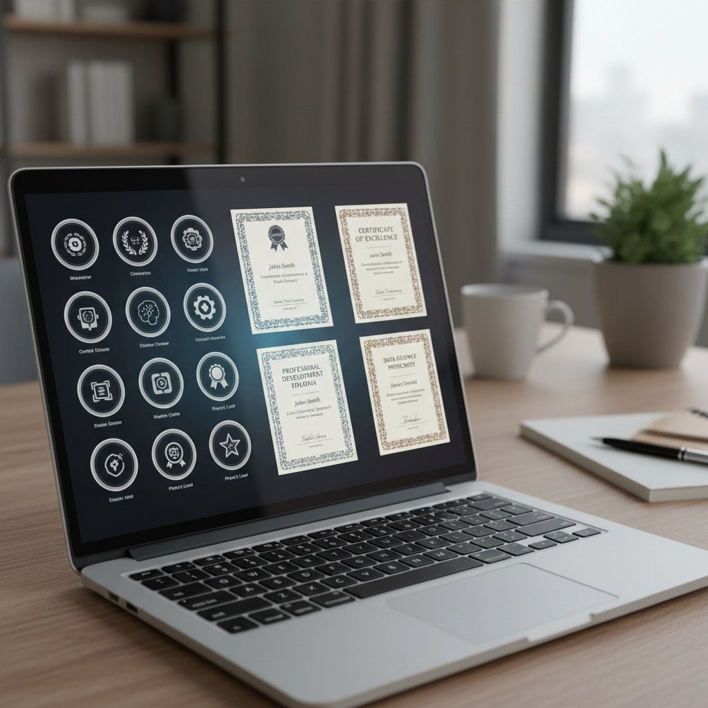 Różne rodzaje certyfikatów online na ekranie laptopa.