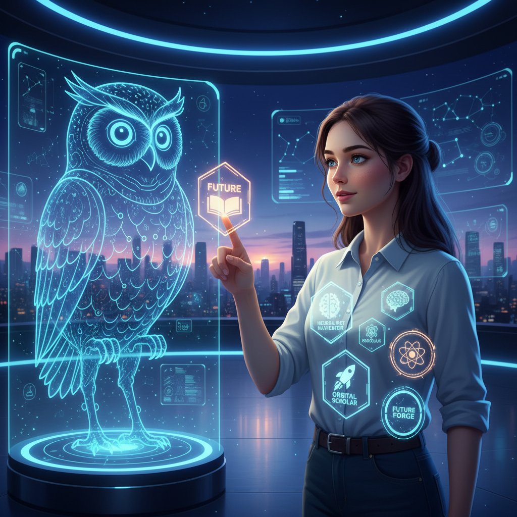 Nowoczesny korepetytor otoczony cyfrowymi odznakami – symbol mikrocertyfikatów i kompetencji przyszłości