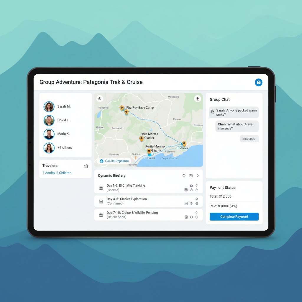 Photo of a digital booking interface in action, with diverse group members viewing dynamic itinerary options on screens