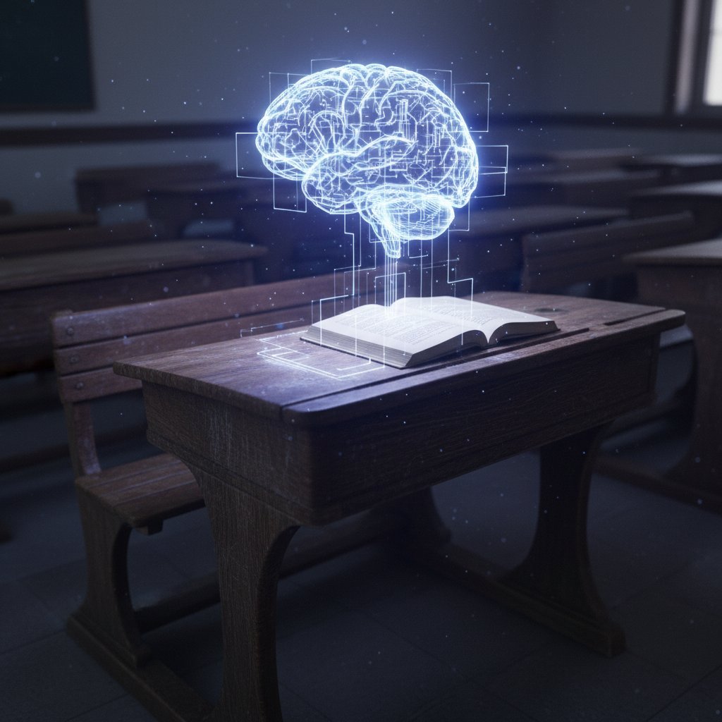 Stara szkolna ławka pod cyfrowym mózgiem symbolizującym algorytm edukacyjny w Polsce, korepetycje online, cień i światło
