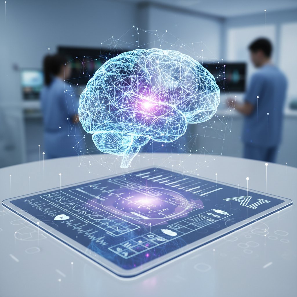 Digital brain overlaying a patient chart, symbolizing artificial intelligence in healthcare