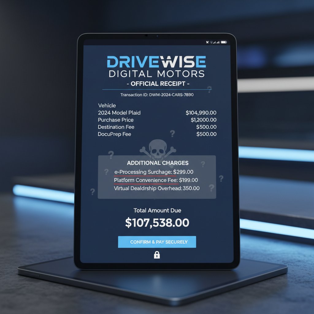 Screenshot of a digital car purchase receipt with hidden fees circled, digital car dealer cost transparency