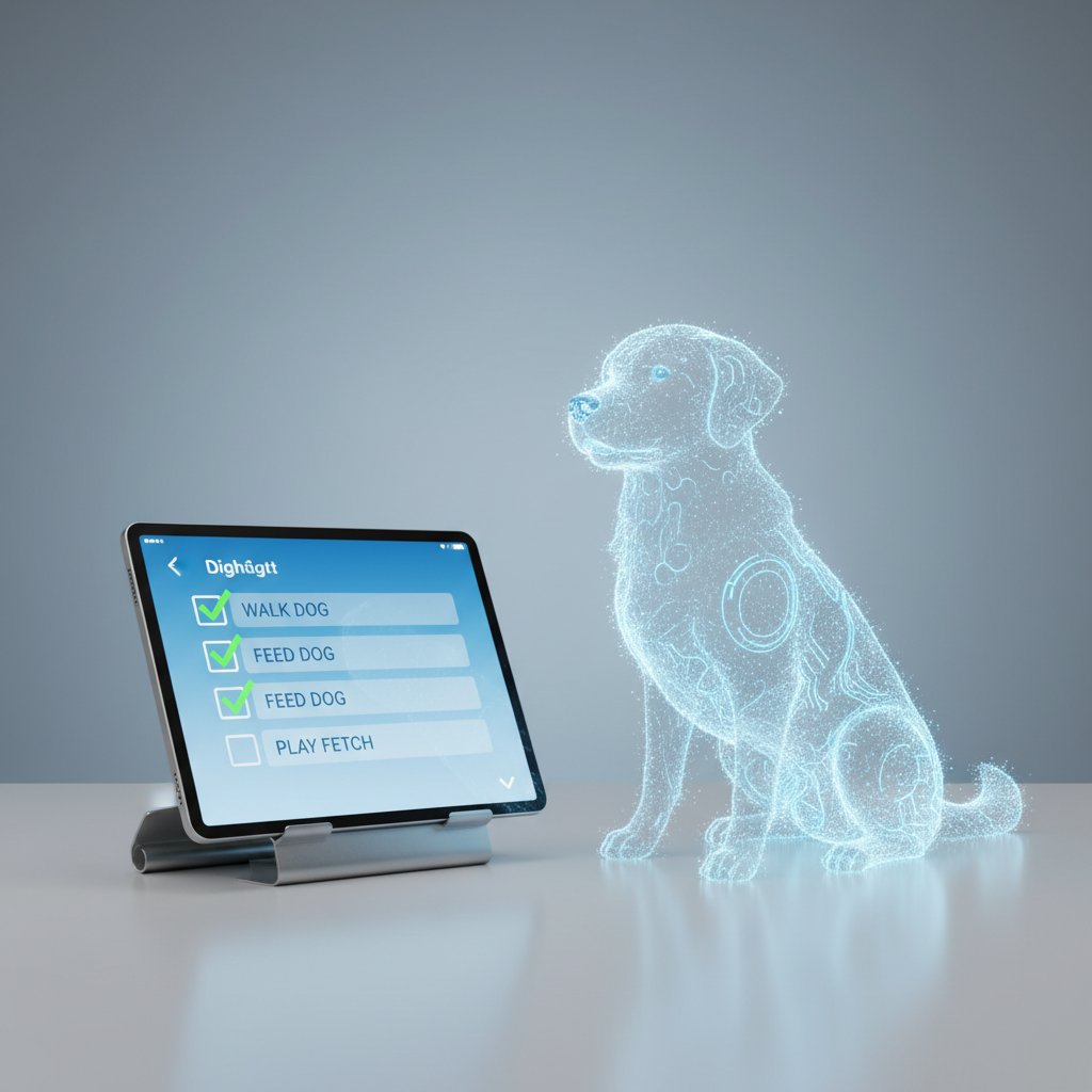 Lista kontrolna obok wirtualnego psa na tablecie, styl minimalistyczny, neutralne tło