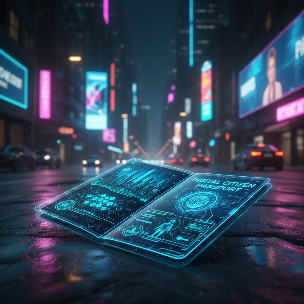 Młody dorosły wpatrzony w laptopa z cyfrowym paszportem w tle, symbolizującym obywatelstwo online