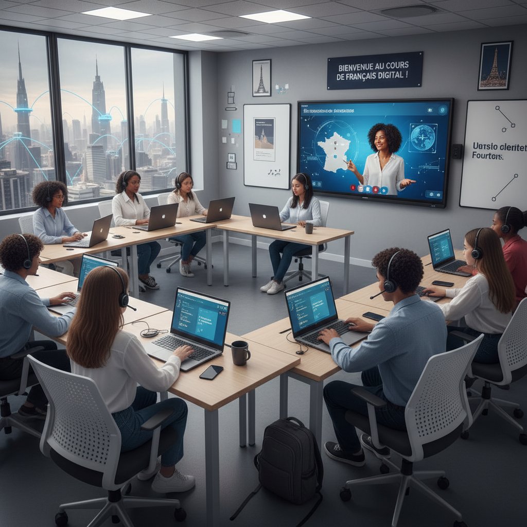 Cyfrowe klasy, kandydaci uczący się języka francuskiego online, laptopy, nowoczesna edukacja