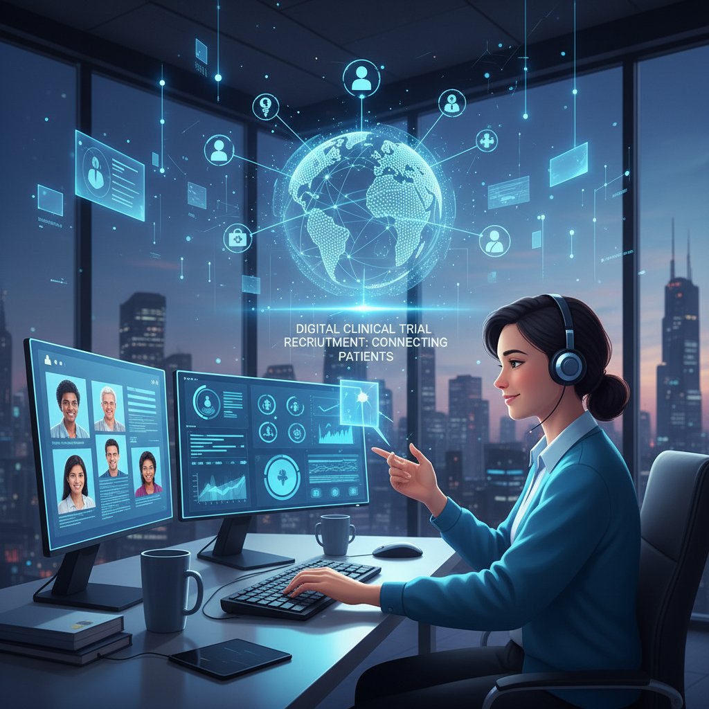 Research coordinator using laptop and smartphone for social media recruitment, patient engagement