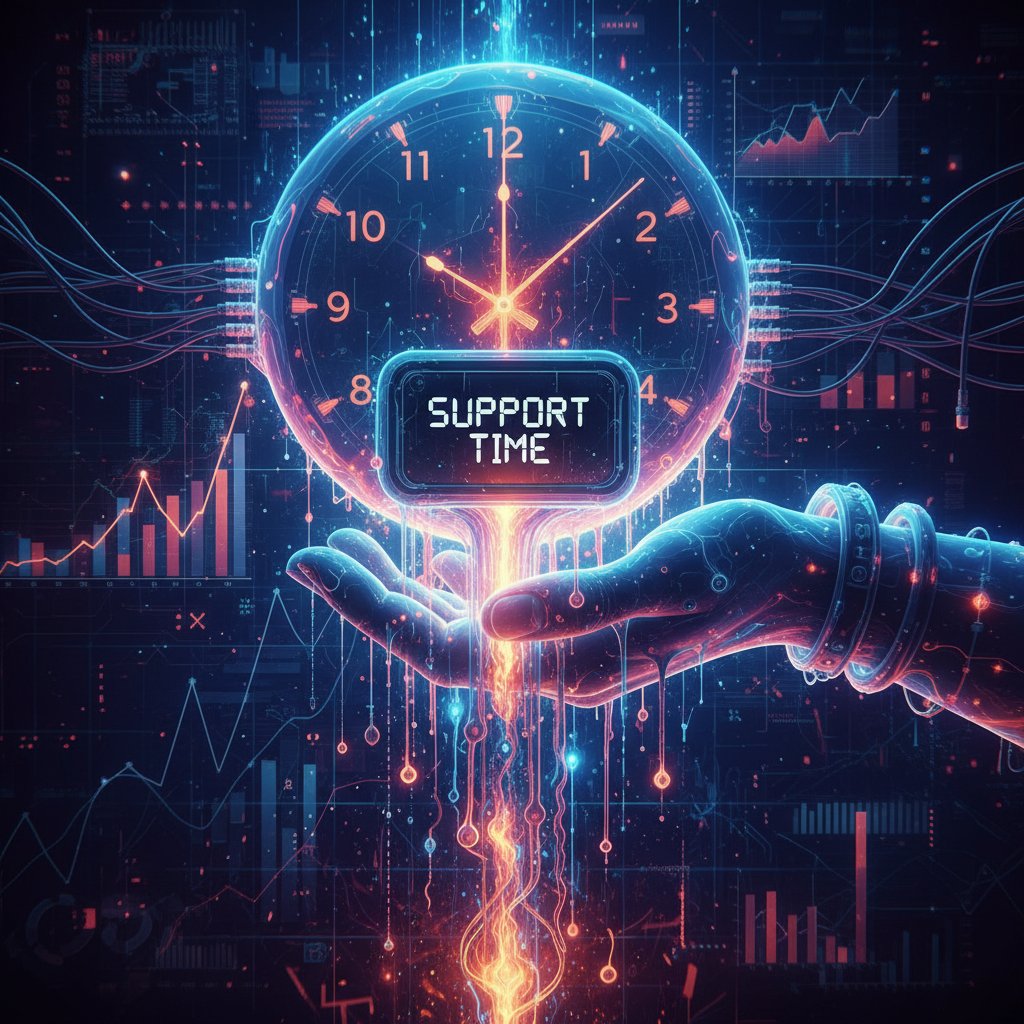 Surreal image of a digital clock melting into data streams, symbolizing support time blending with technology trends
