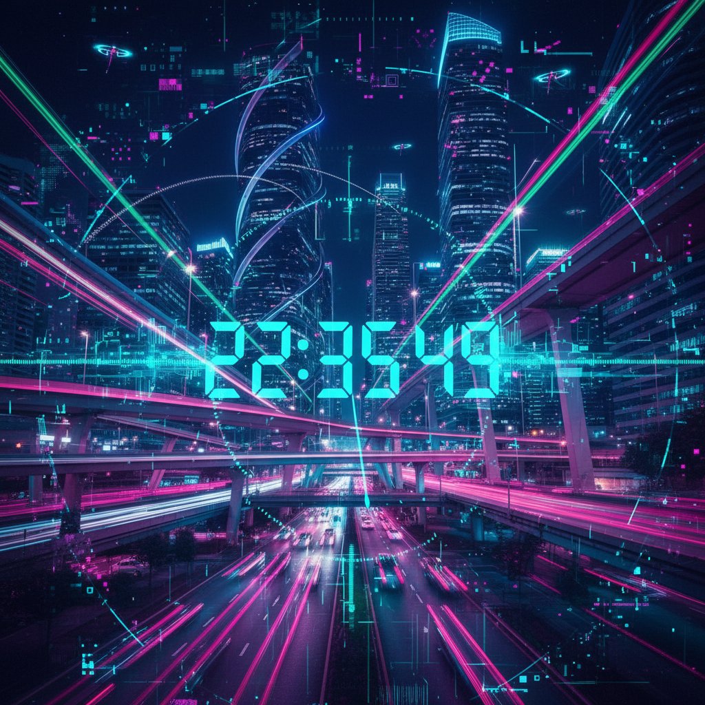 Zegar cyfrowy z efektem ruchu na tle nowoczesnego miasta nocą, symbolizujący tempo zmian AI