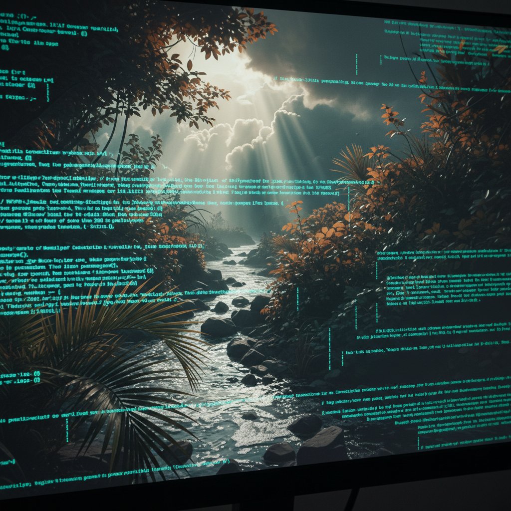 Abstrakcyjny obraz kodu komputerowego zamieniającego się w spokojną naturę
