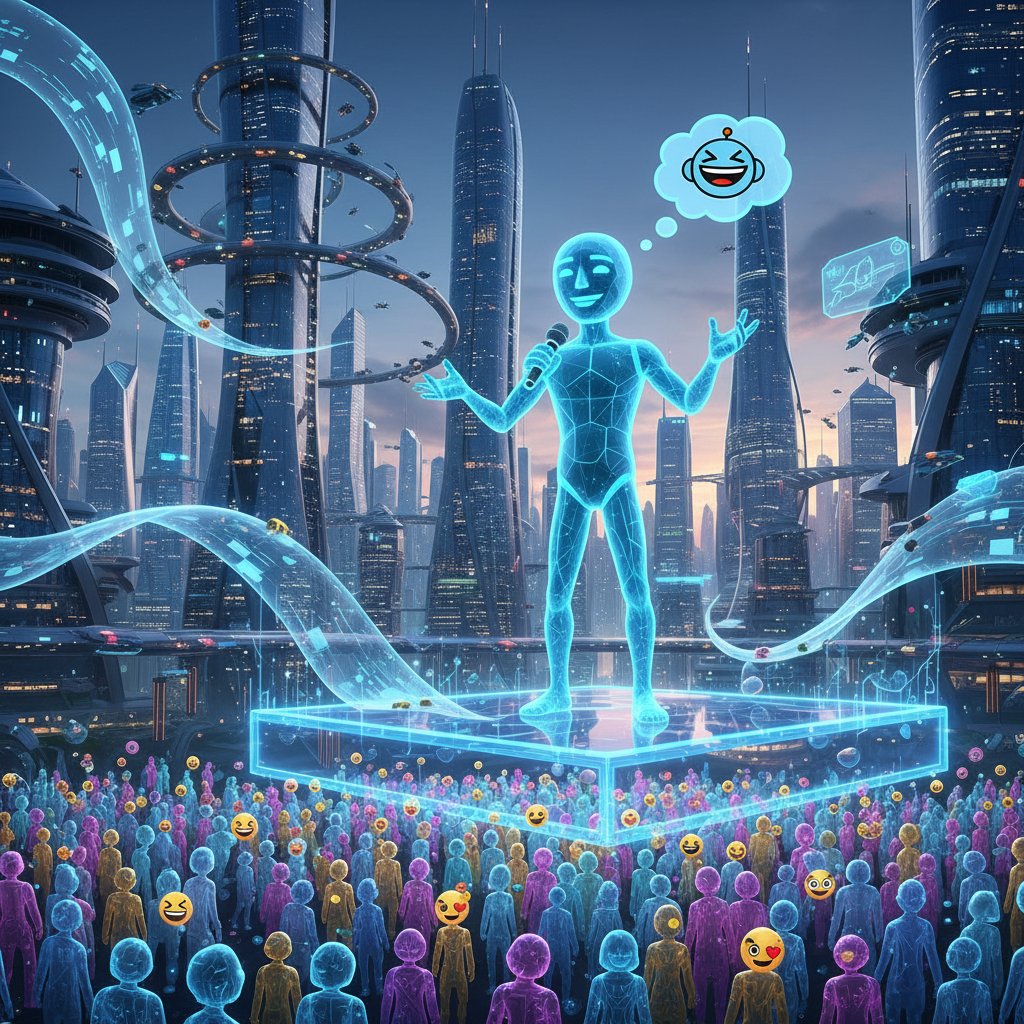 Surreal digital comedian performing for a virtual audience, futuristic city, 16:9