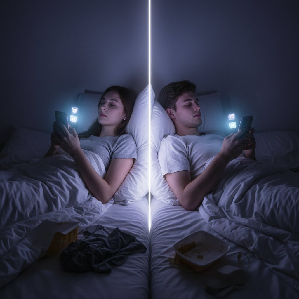 Digital couple using smartphones in bed, emotional distance visible, representing relationship challenges in 2025