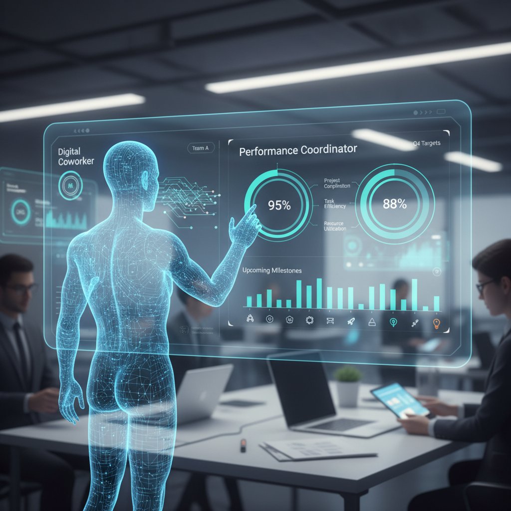 Photo of a digital coworker AI dashboard on a large screen, with a performance coordinator interacting with it