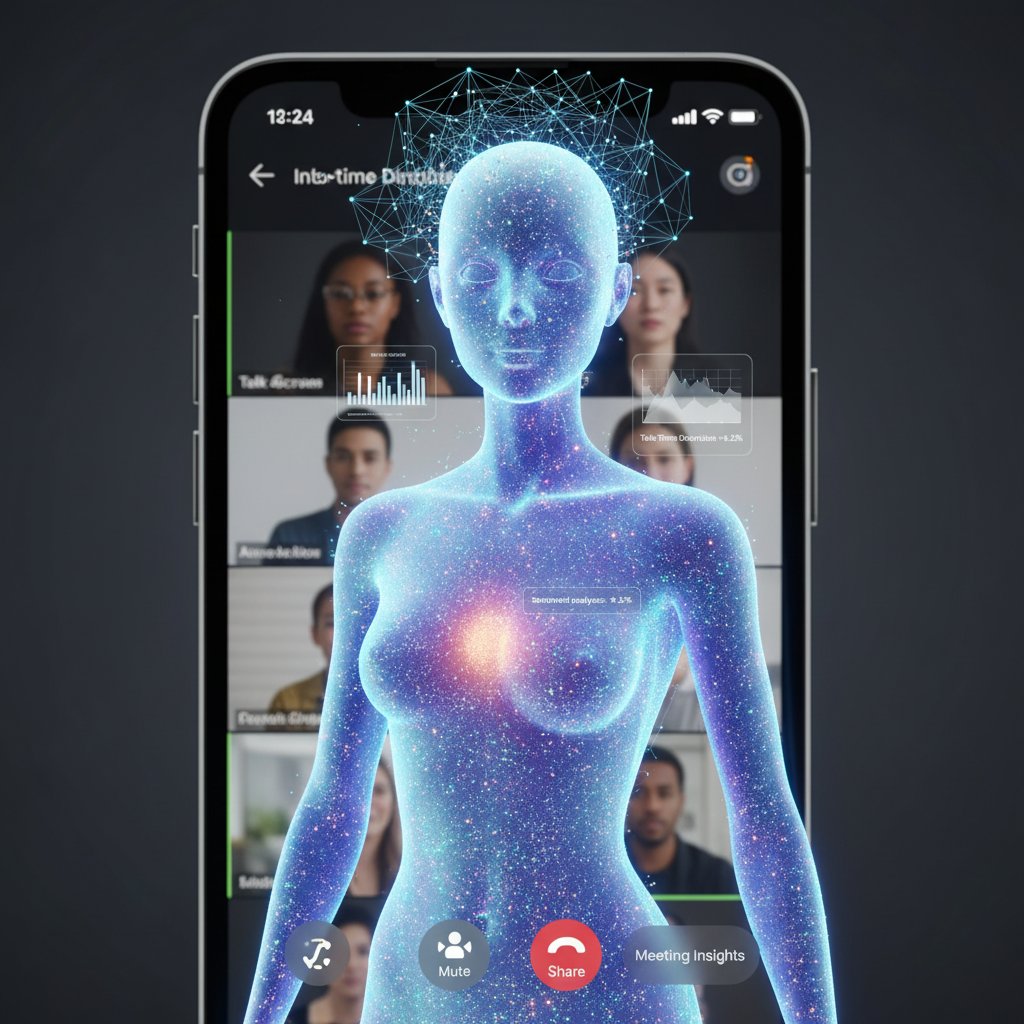 Photo of a digital coworker avatar hovering over a meeting on a video call screen, analyzing data, with a slightly uncanny, mobile-optimized feel