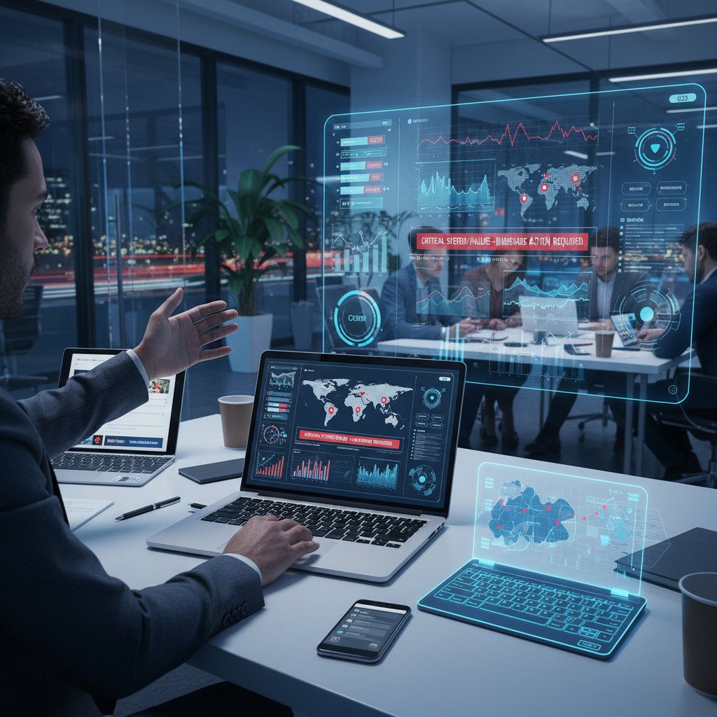 Specjalista ds. kryzysowych korzystający z narzędzi cyfrowych i laptopa podczas symulacji