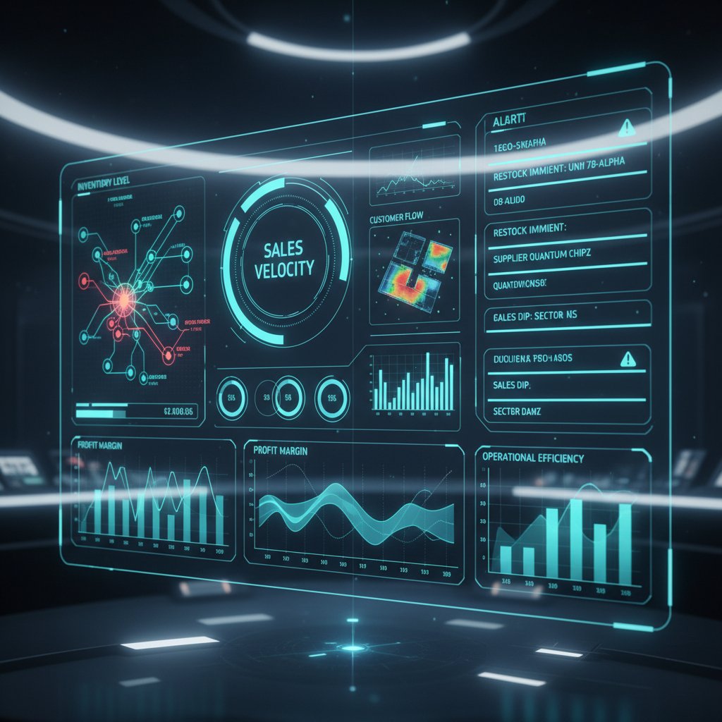 Digital dashboard with inventory KPIs, retail graphs, alert notifications, futuristic real-time interface
