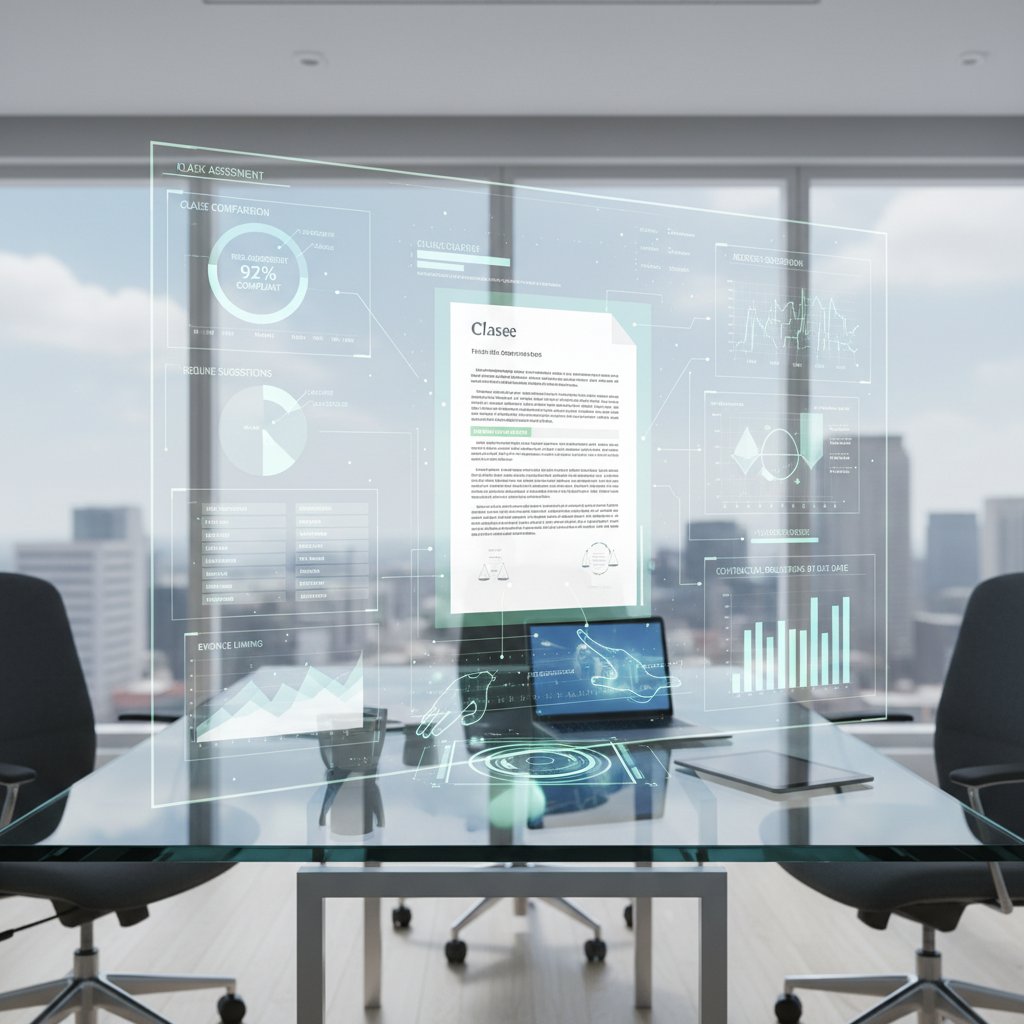 Person with digital dashboard overlay, toggling analysis tools, legal document review in energetic, modern workspace