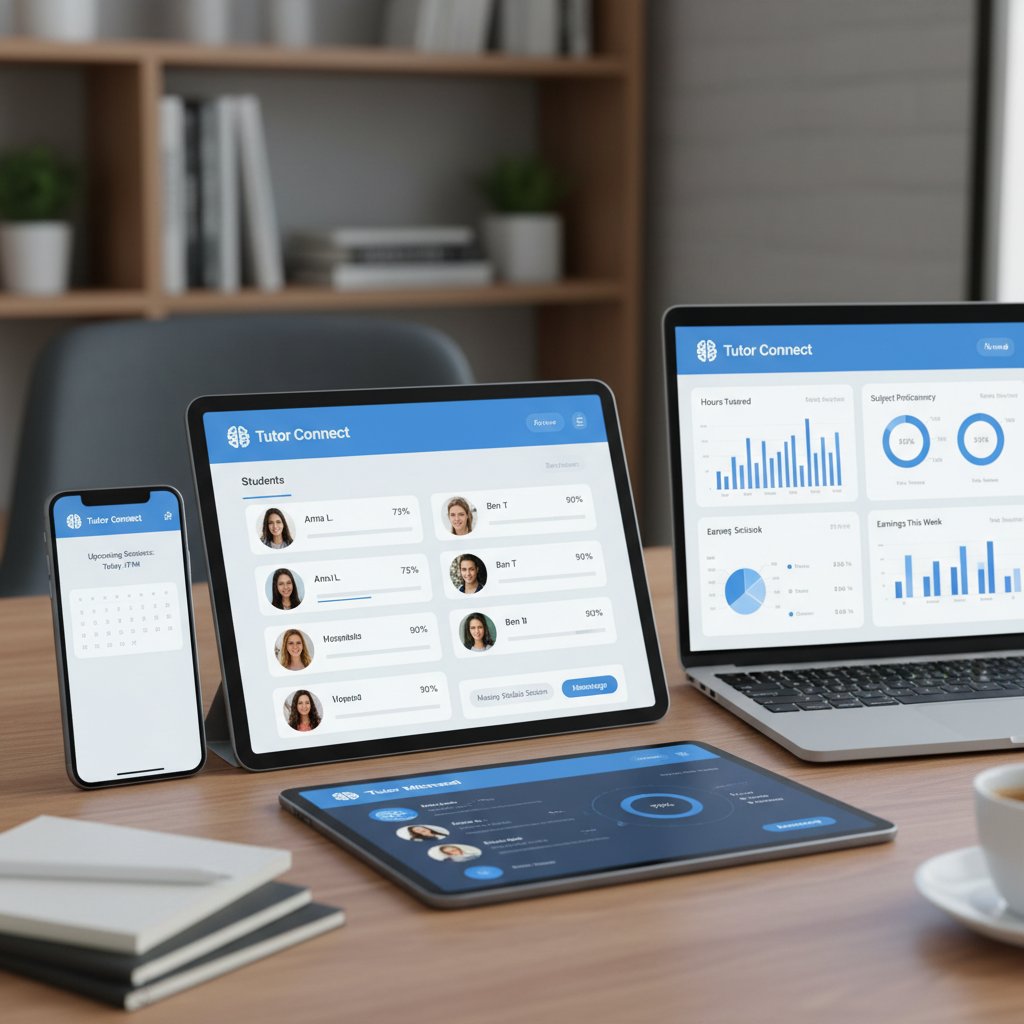 Nowoczesne narzędzia korepetytora online – wiele urządzeń cyfrowych, dashboard aplikacji na ekranie, edukacyjny klimat.