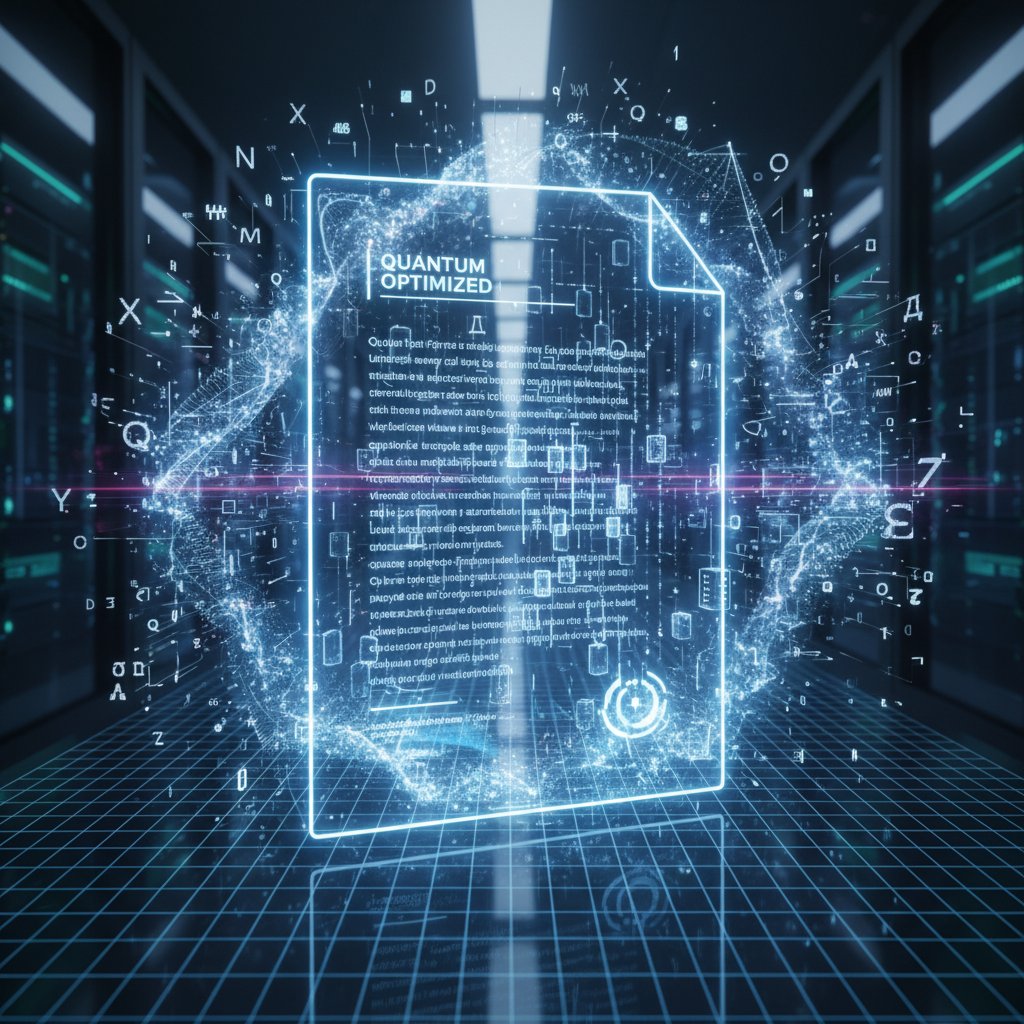 Digital documents in blockchain matrix, abstract quantum elements, futuristic document digitization optimization