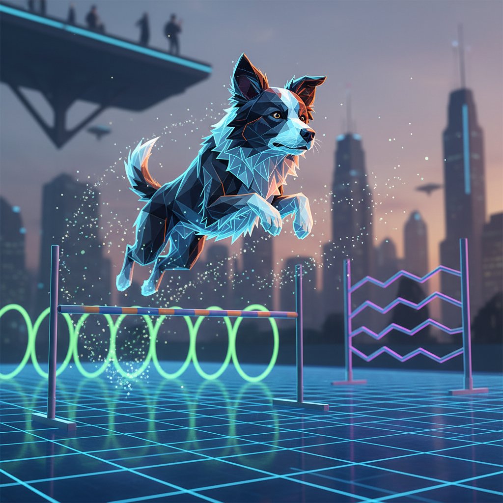 Wirtualny pies wykonujący ćwiczenia agility na cyfrowym torze przeszkód