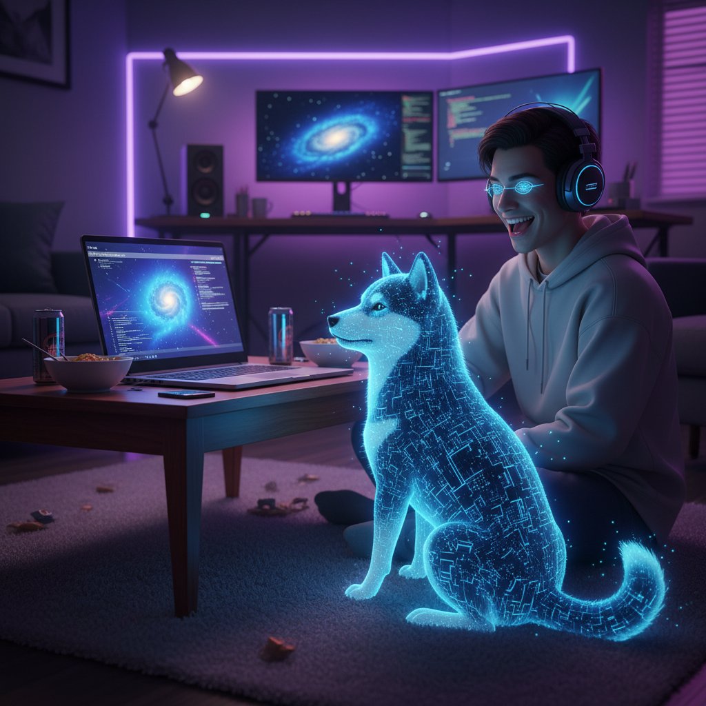 Wirtualny piesek wyświetlony na ekranie laptopa, użytkownik uśmiecha się podczas późnego wieczoru