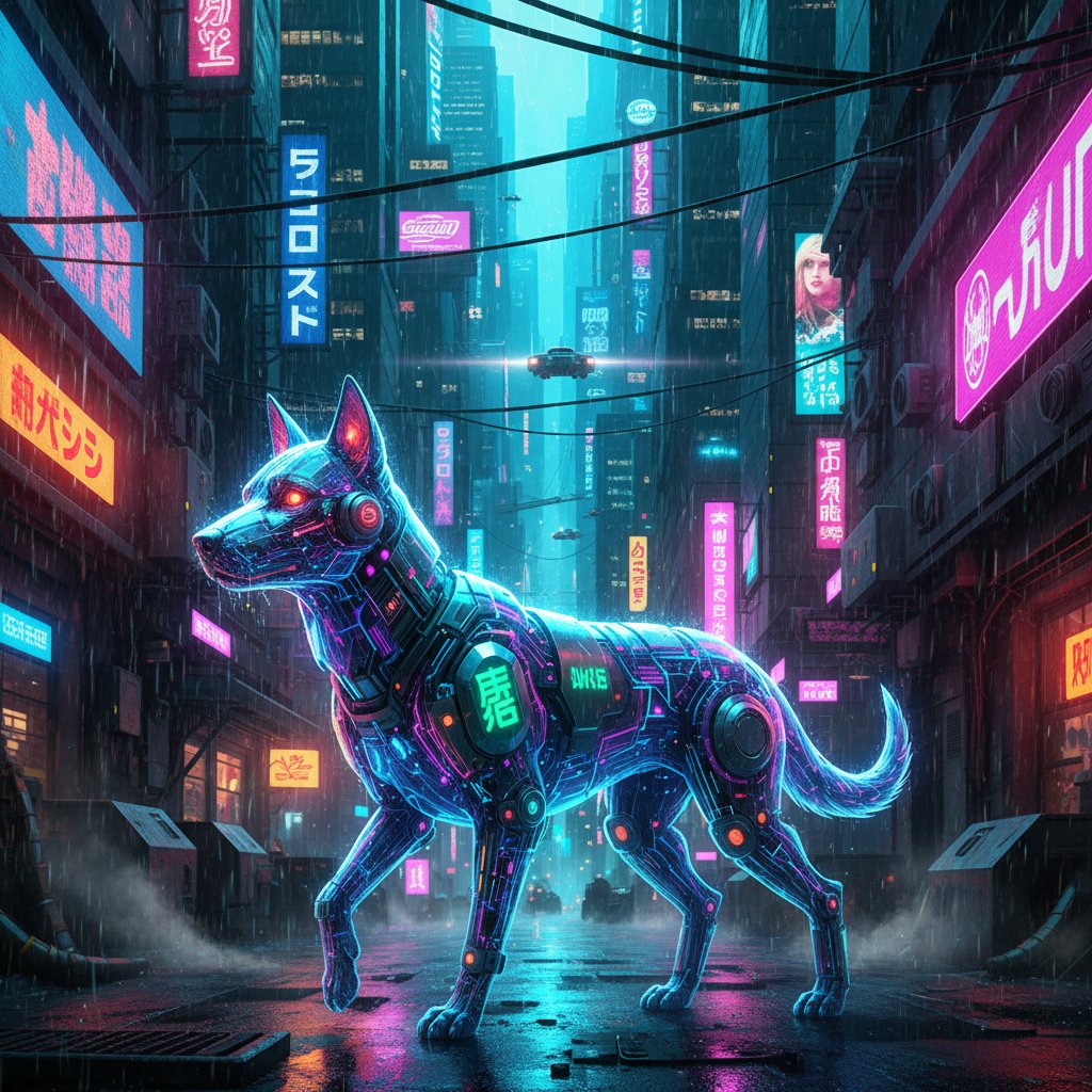 Cyfrowy pies zbudowany z kodu i sieci neuronowych