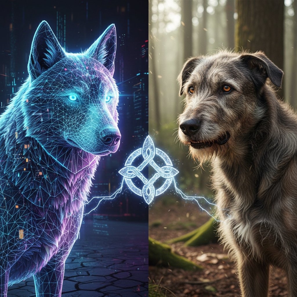 Cyfrowy piesek i prawdziwy pies naprzeciw siebie, symboliczna konfrontacja, emocje i wybór