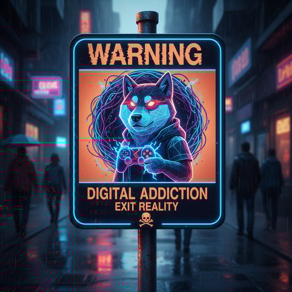 Ostrzeżenie przed uzależnieniem od wirtualnych piesków, cyfrowy piesek, znak ostrzegawczy, motywacja
