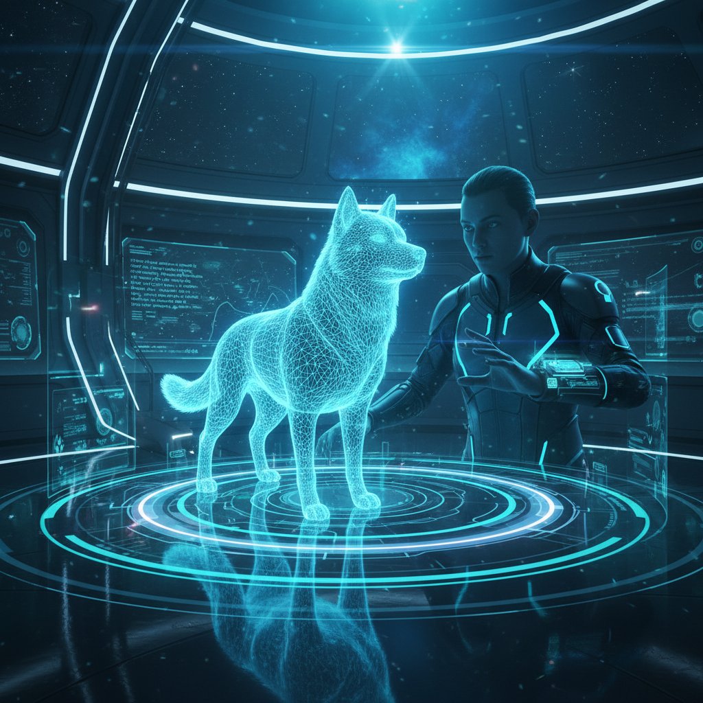 Futurystyczny cyfrowy piesek w holograficznym interfejsie z użytkownikiem, niebieskie światło, optymistyczna atmosfera