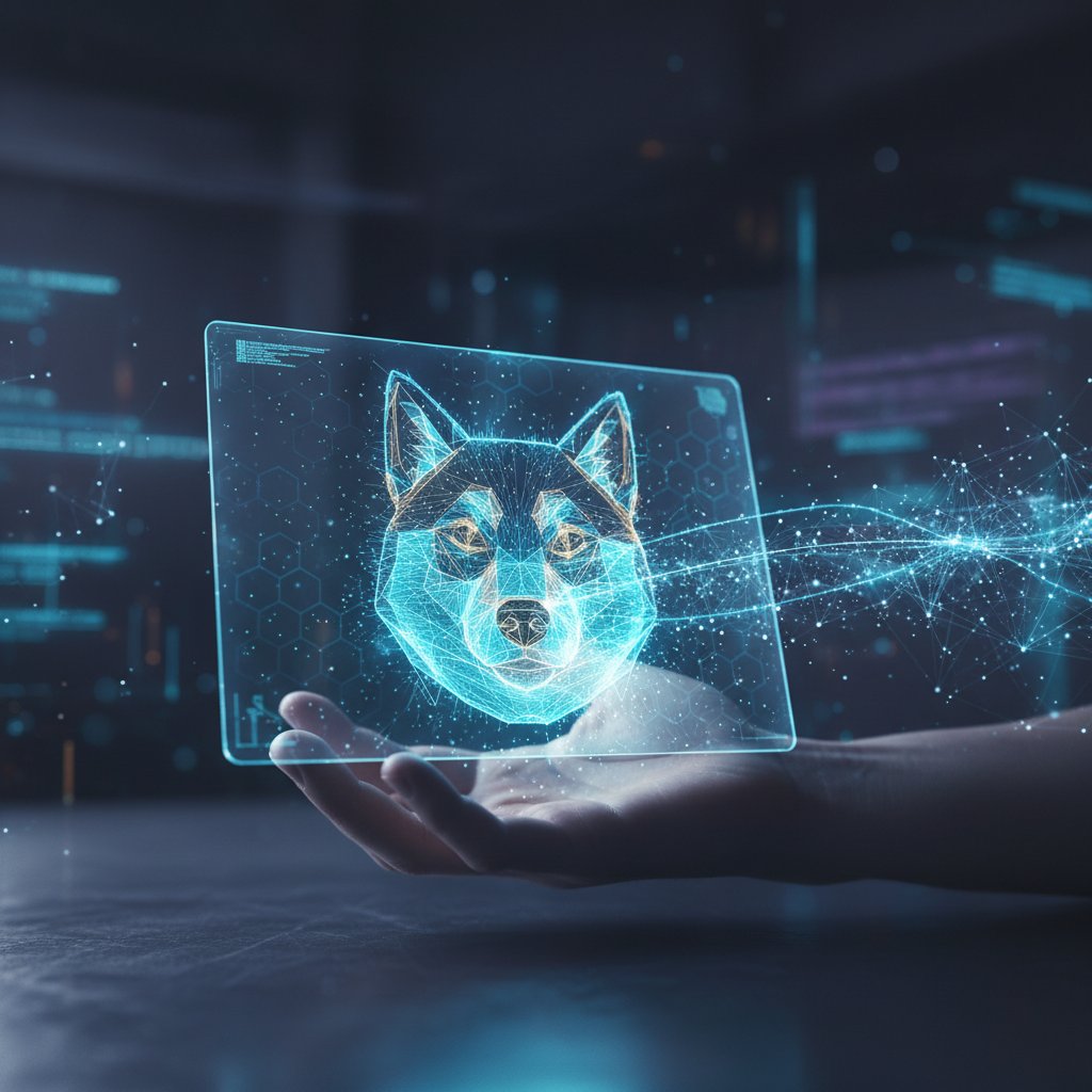 Symboliczne zdjęcie awatara psa i ludzkiej dłoni sięgających do siebie przez świecący ekran – metafora więzi