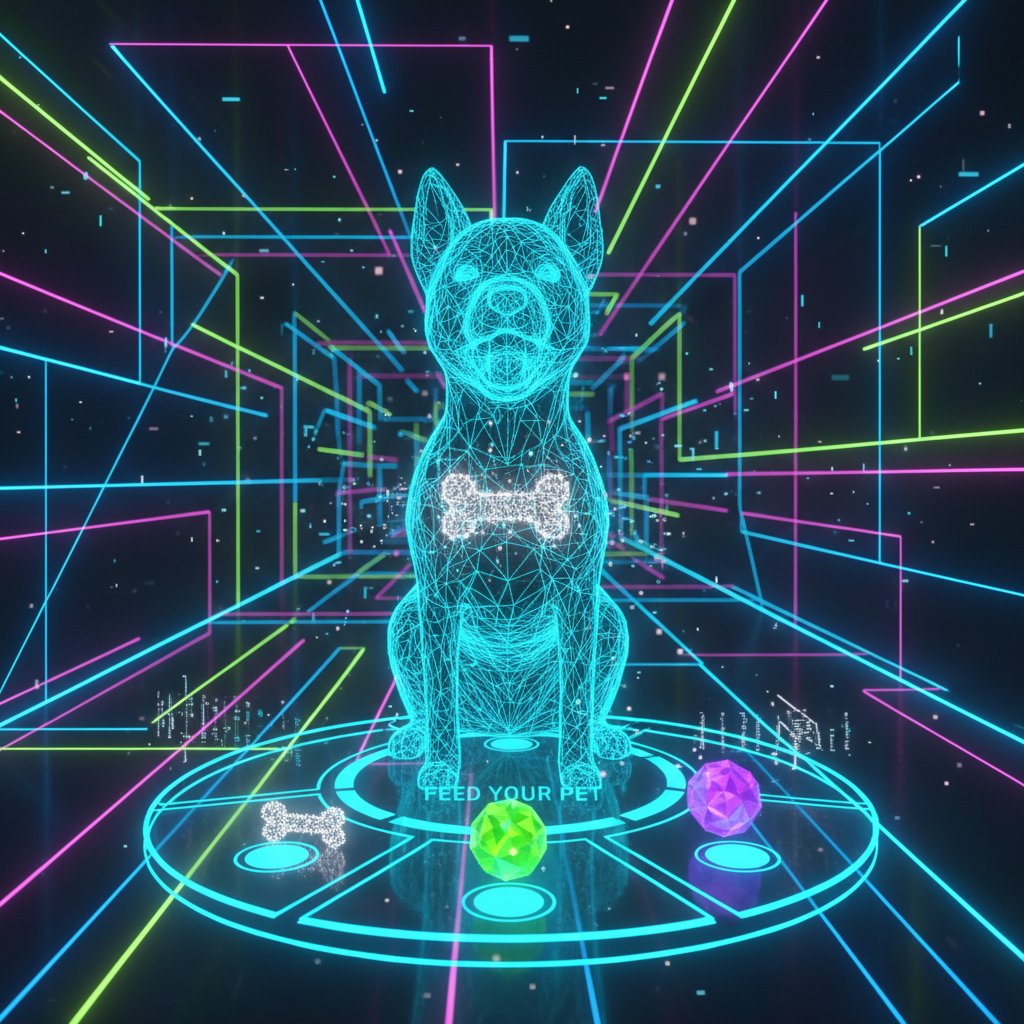 Wirtualny pies w trakcie karmienia na ekranie aplikacji, z interaktywnym interfejsem i neonowym tłem
