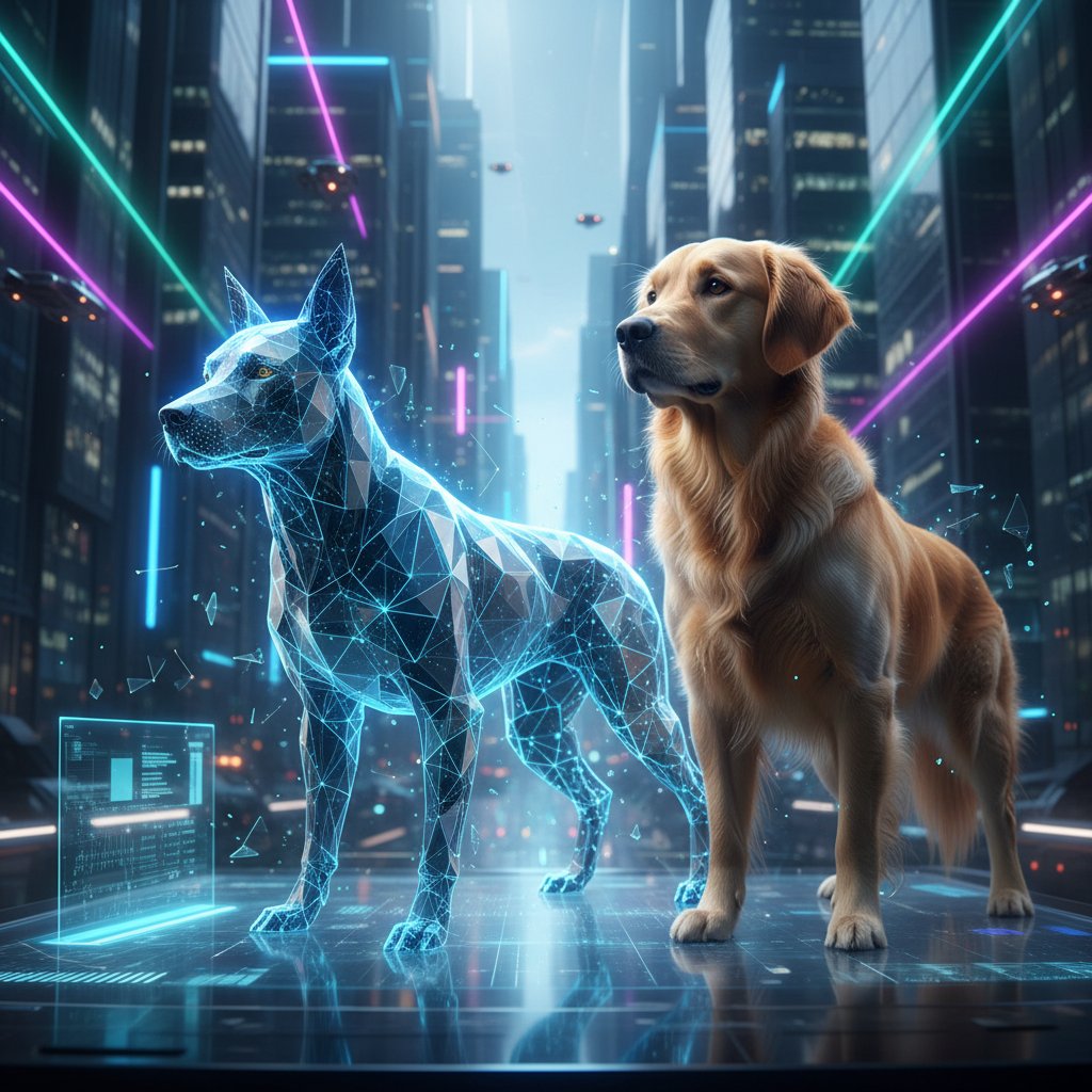 Cyfrowy piesek AI komunikuje się z prawdziwym psem